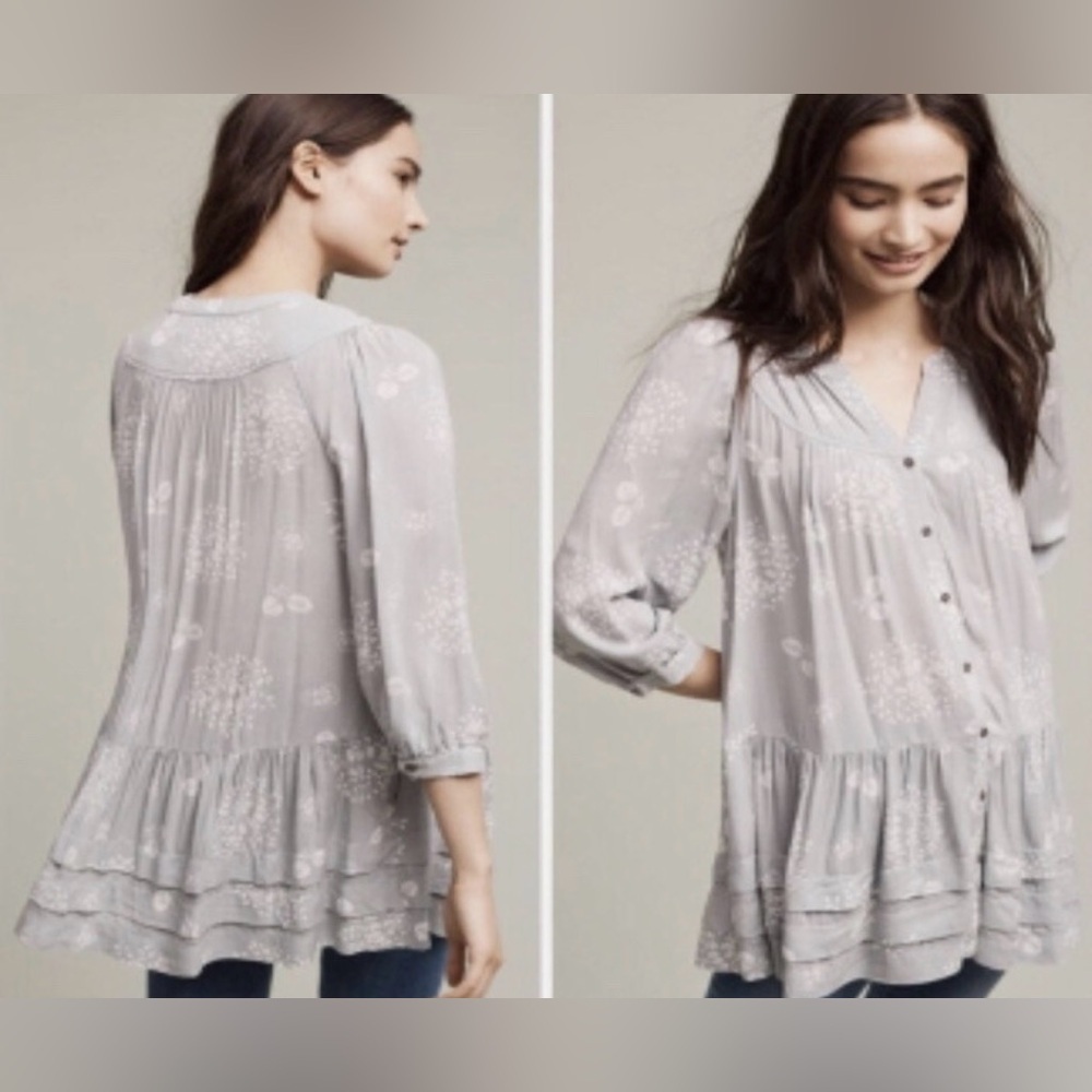 Anthropologie Holding Horses Ruffle Tiered Button Down Tunic Top Gray